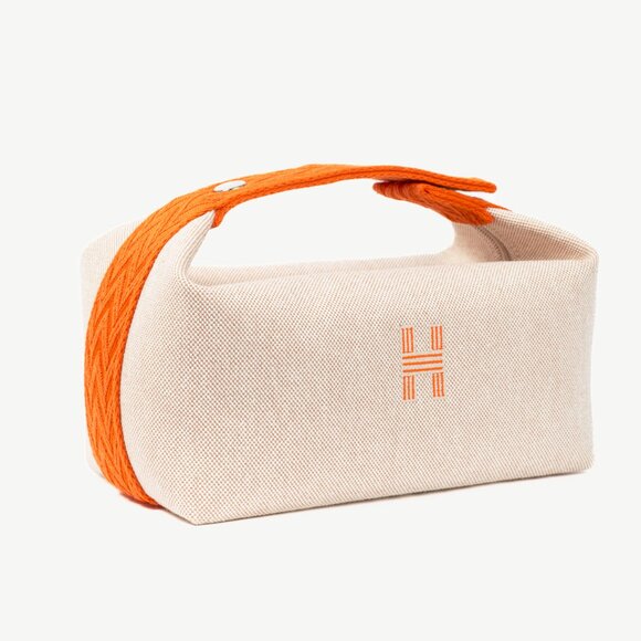 Hermes Bride-a-Brac Small Model Natural Canvas & Orange Chevron Strap Case - Picture 2 of 14